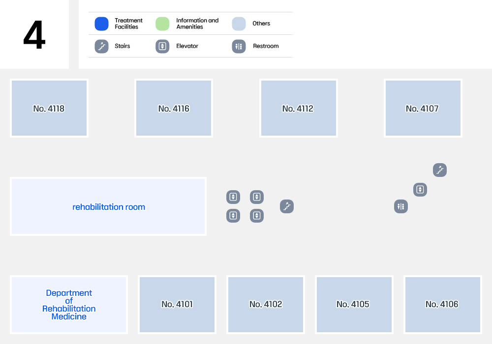 4th floor: There is an elevator and stairs on the right side with the rehabilitation treatment room as the focus. Above the rehabilitation treatment room is room 4118, and to the right of room 4118 is room 4116. To the right of Room 4116 is the Oriental Medicine Department, and to the right of Room 4112 is Room 4112. To the right of room 4112 is room 4107. Under room 4107, there are stairs, an elevator, and a bathroom. Just below it is room 4106. To the left of room 4106 is room 4105. To the left of room 4105 is room 4102, and to the left of room 4102 is room 4101. To the left of Room 4101 is the Department of Rehabilitation Medicine.